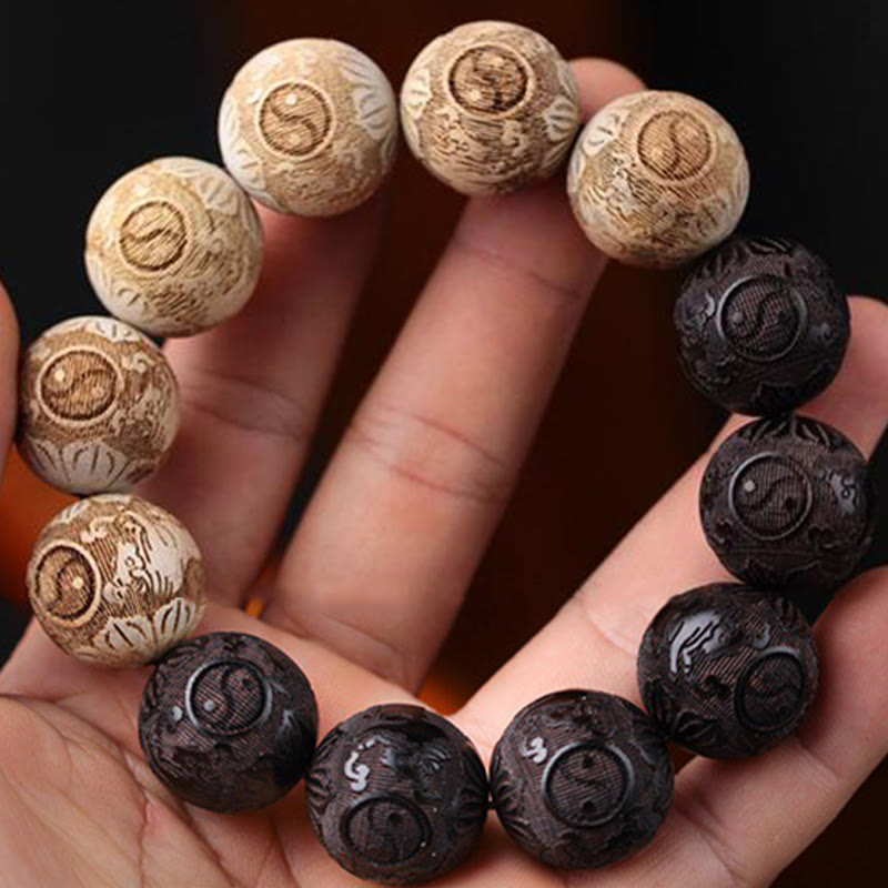 Armband mit Buddha Stones, Ebenholz, Kampferholz, Yin Yang, Ochsengravur, Peace - image 4