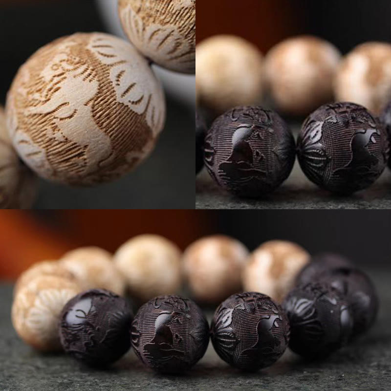 Armband mit Buddha Stones, Ebenholz, Kampferholz, Yin Yang, Ochsengravur, Peace - image 9