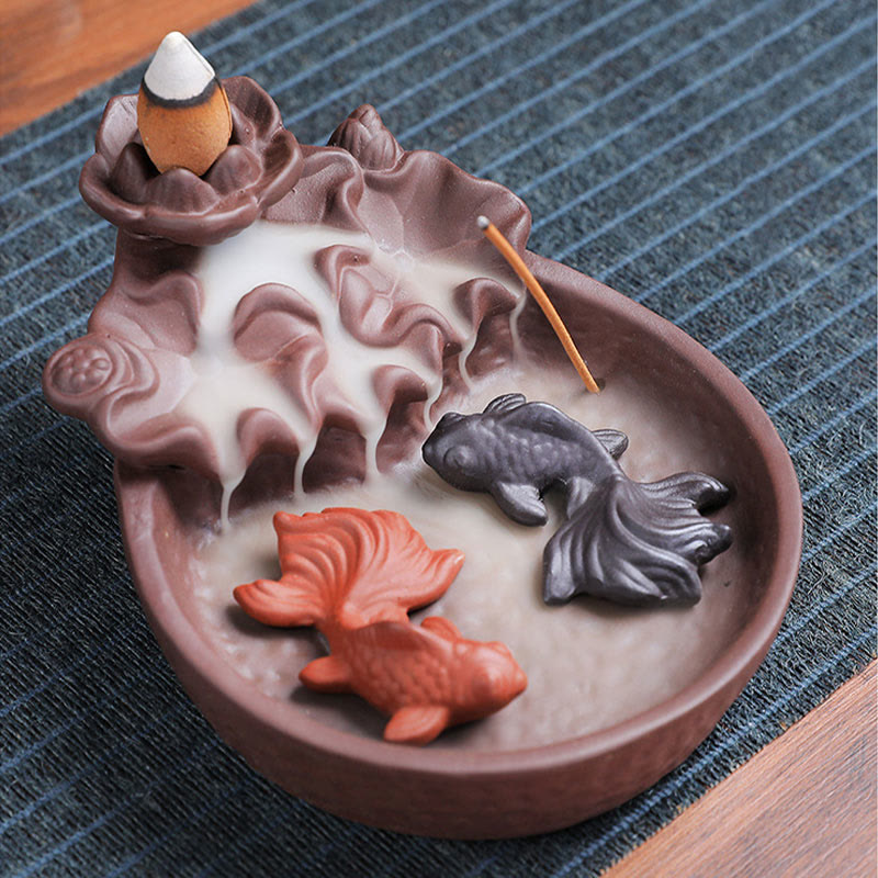 Buddha Stones, Koi-Fisch, Ochse, lila Ton, Keramik, Räucherstäbchenhalter, heilende Räuchergefäß-Dekoration - Koi-Karpfen 10,8 x 13,5 x 5 cm (ohne Räucherstäbchen) - image 8