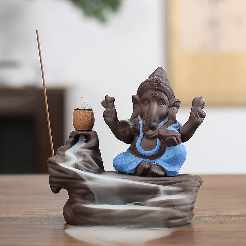 Buddha Stones, Ganesh, Elefant, lila Ton, Rückfluss-Rauchbrunnen, Schutzstab, Weihrauchbrenner - Blau 10,1 x 11 cm - image 1