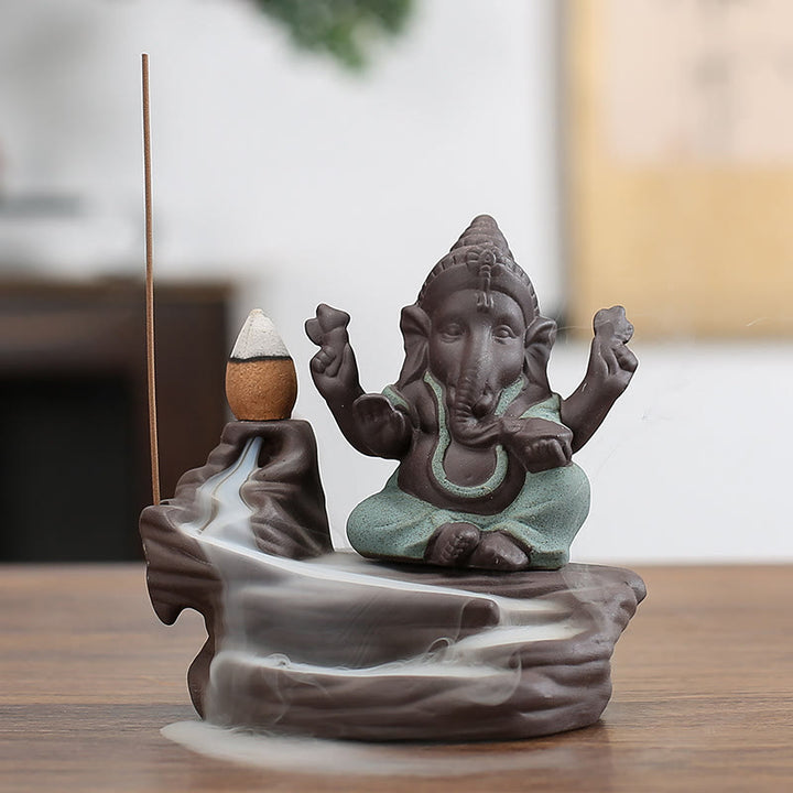 Buddha Stones, Ganesh, Elefant, lila Ton, Rückfluss-Rauchbrunnen, Schutzstab, Weihrauchbrenner - Grün 10,1 x 11 cm - image 7