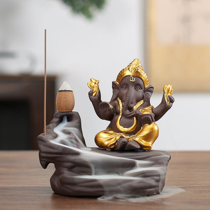 Buddha Stones, Ganesh, Elefant, lila Ton, Rückfluss-Rauchbrunnen, Schutzstab, Weihrauchbrenner - Golden 10,1*11cm - image 2