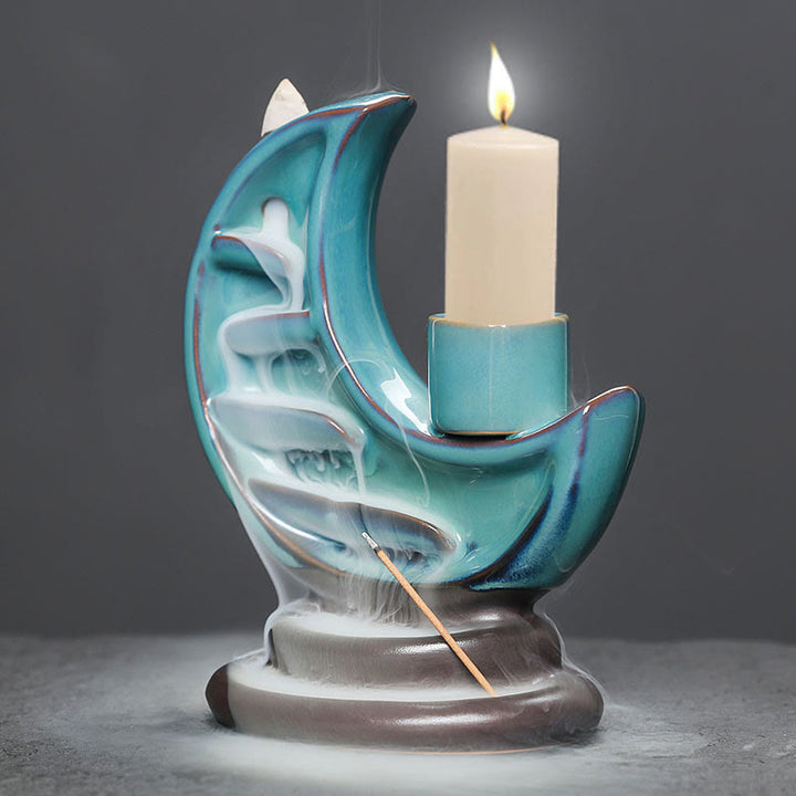 Buddha Stones, blauer Halbmond, Keramik-Rückfluss-Rauchbrunnen, Meditations-Kerzenständer, Weihrauchbrenner, Dekoration - image 6