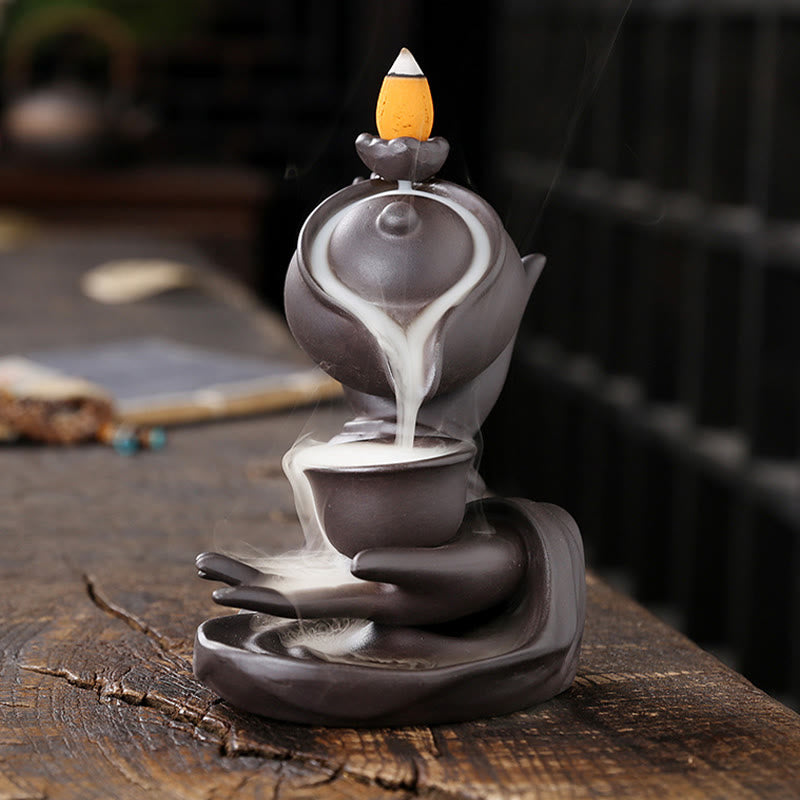 Buddha Stones, Buddha-Hand, die Teekanne und Tasse hält, Keramik-Rückfluss-Rauchbrunnen, heilende Weihrauchbrenner-Dekoration - image 1