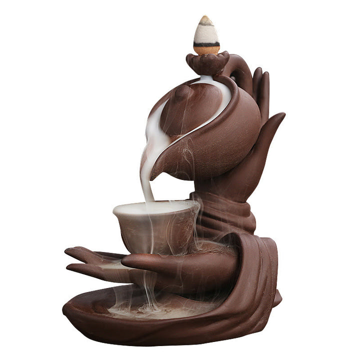 Buddha Stones, Buddha-Hand, die Teekanne und Tasse hält, Keramik-Rückfluss-Rauchbrunnen, heilende Weihrauchbrenner-Dekoration - image 19
