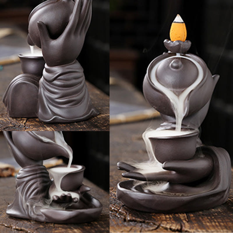 Buddha Stones, Buddha-Hand, die Teekanne und Tasse hält, Keramik-Rückfluss-Rauchbrunnen, heilende Weihrauchbrenner-Dekoration - image 8