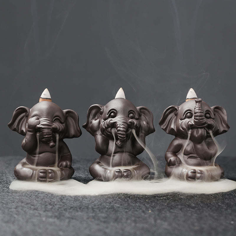 Buddha Stones, süßer Elefant, lila Ton, Rückfluss-Rauchbrunnen, Friedensheilung, Weihrauchbrenner, Dekoration - 3-teiliges Elefanten-Set - image 1