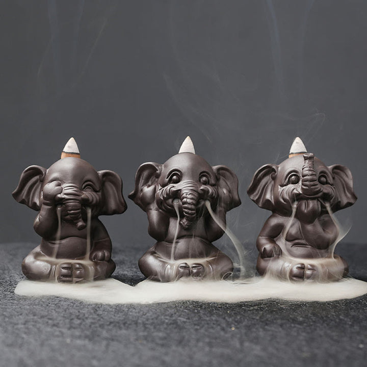 Buddha Stones, süßer Elefant, lila Ton, Rückfluss-Rauchbrunnen, Friedensheilung, Weihrauchbrenner, Dekoration - 3-teiliges Elefanten-Set - image 0