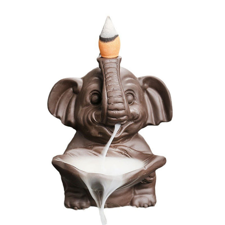 Buddha Stones, kleiner Elefant, hält Blatt, lila Ton, Rückfluss-Rauchbrunnen, heilende Weihrauchbrenner-Dekoration - image 18