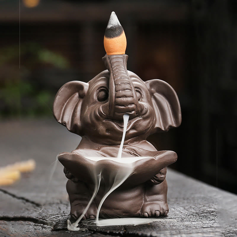 Buddha Stones, kleiner Elefant, hält Blatt, lila Ton, Rückfluss-Rauchbrunnen, heilende Weihrauchbrenner-Dekoration - image 7