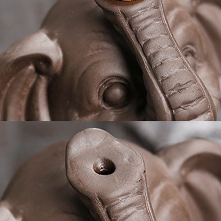 Buddha Stones, kleiner Elefant, hält Blatt, lila Ton, Rückfluss-Rauchbrunnen, heilende Weihrauchbrenner-Dekoration - image 14