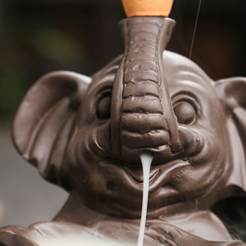 Buddha Stones, kleiner Elefant, hält Blatt, lila Ton, Rückfluss-Rauchbrunnen, heilende Weihrauchbrenner-Dekoration - image 10