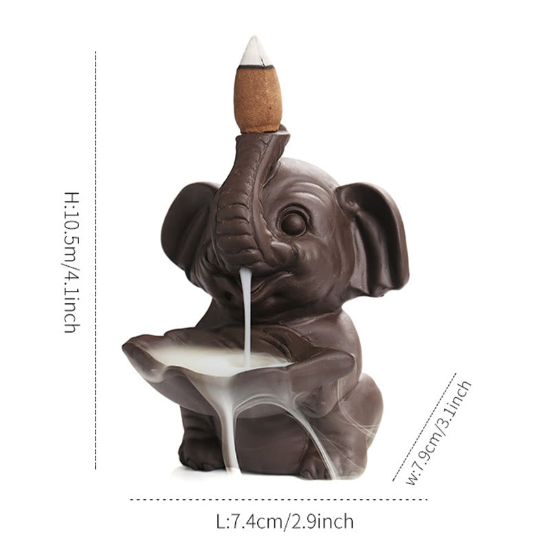Buddha Stones, kleiner Elefant, hält Blatt, lila Ton, Rückfluss-Rauchbrunnen, heilende Weihrauchbrenner-Dekoration - image 15