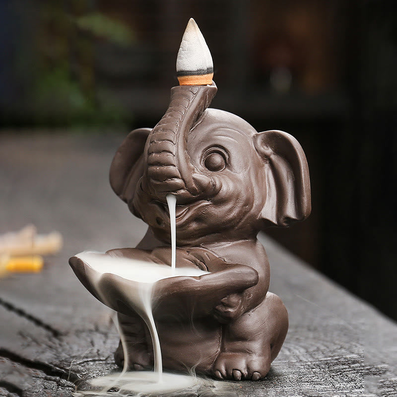 Buddha Stones, kleiner Elefant, hält Blatt, lila Ton, Rückfluss-Rauchbrunnen, heilende Weihrauchbrenner-Dekoration - image 3