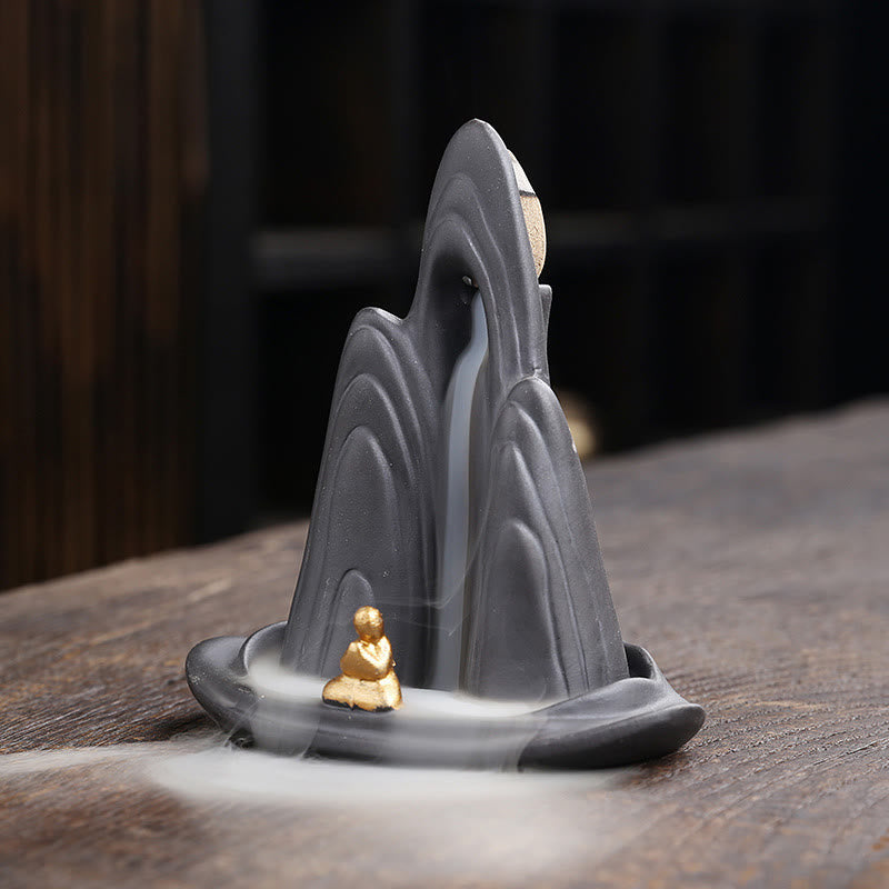Buddha Stones, kleiner Mönch, Berge, fließendes Wasser, lila Ton, Keramik, heilende Rückfluss-Räuchergefäß-Dekoration - image 1