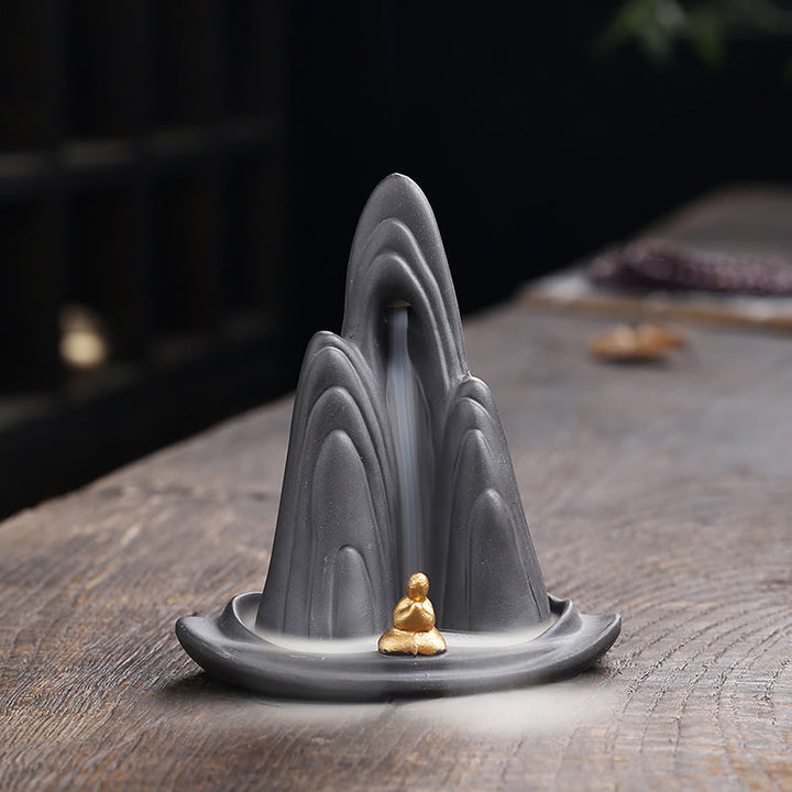 Buddha Stones, kleiner Mönch, Berge, fließendes Wasser, lila Ton, Keramik, heilende Rückfluss-Räuchergefäß-Dekoration - 10 x 6,6 x 10,8 cm (ohne Räucherstäbchen) - image 0