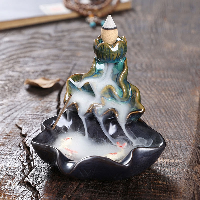 Buddha Stones, Lotusblatt, Koi-Fisch, Keramik, Rückfluss-Rauchbrunnen, Frieden, Weihrauchbrenner, Dekoration - Blau, 11,5 x 11 x 10 cm - image 0