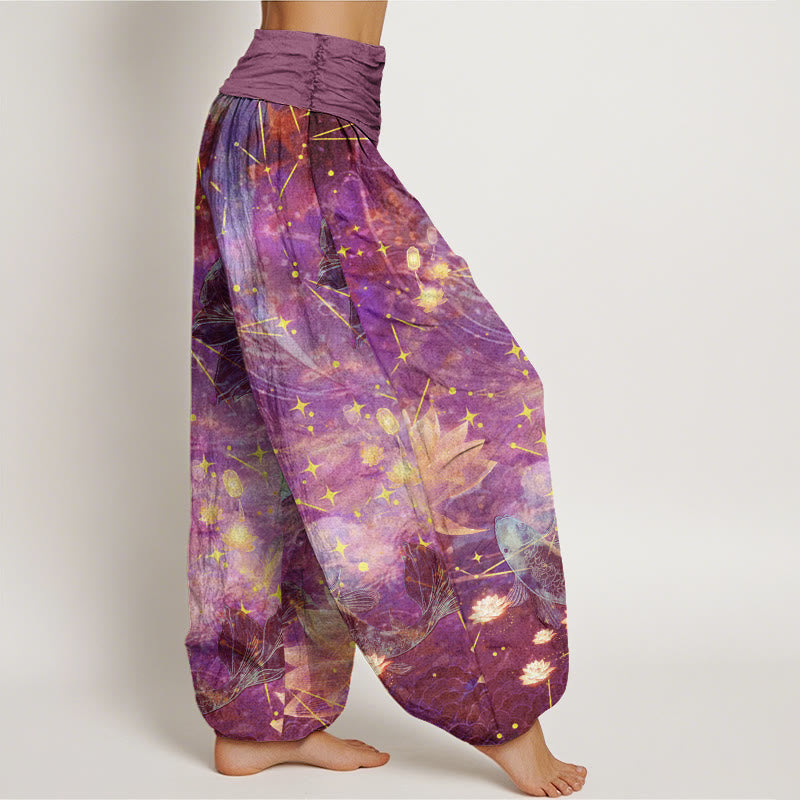 Haremshose mit elastischer Taille für Damen, mit Buddha Stones, Koi-Fisch, Lotus, Mond und Sternenmuster - image 6