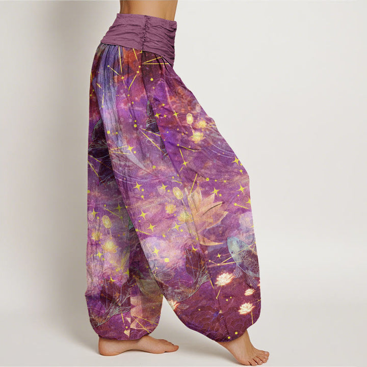 Haremshose mit elastischer Taille für Damen, mit Buddha Stones, Koi-Fisch, Lotus, Mond und Sternenmuster - image 6