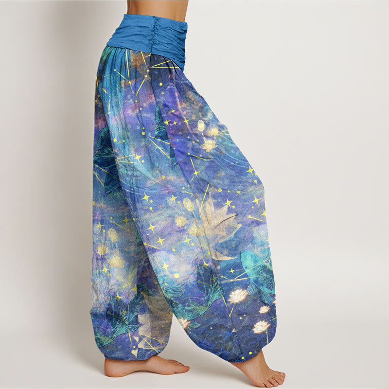 Haremshose mit elastischer Taille für Damen, mit Buddha Stones, Koi-Fisch, Lotus, Mond und Sternenmuster - image 2