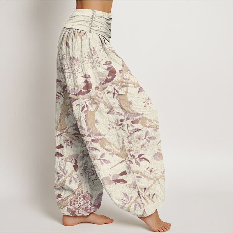 Haremshose mit Buddha Stones, Vögeln, Zweigen und Blumen-Muster für Damen, elastische Taille - image 7