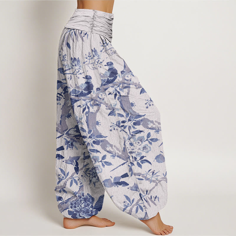 Haremshose mit Buddha Stones, Vögeln, Zweigen und Blumen-Muster für Damen, elastische Taille - image 10