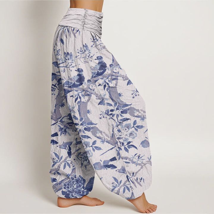 Haremshose mit Buddha Stones, Vögeln, Zweigen und Blumen-Muster für Damen, elastische Taille - image 10