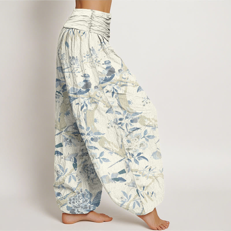 Haremshose mit Buddha Stones, Vögeln, Zweigen und Blumen-Muster für Damen, elastische Taille - image 3