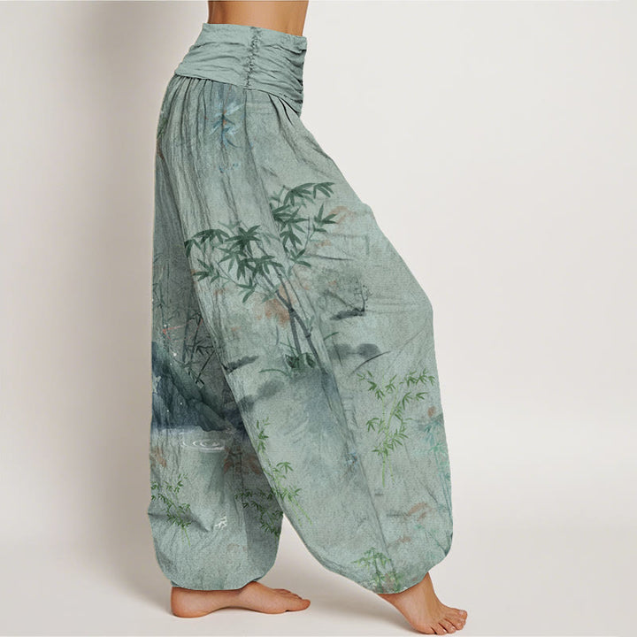 Lässige Haremshose mit Buddha Stones und Bambus-Felsen-Tuschemalerei für Damen mit elastischer Taille - image 9