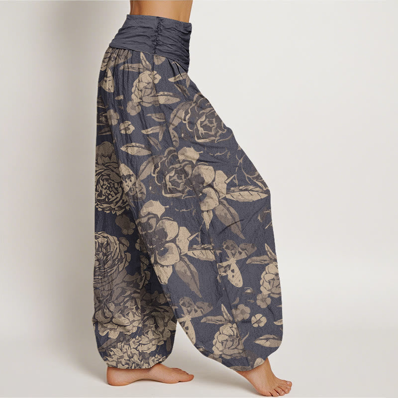 Buddha Stones Lässige Haremshose mit Pfingstrosenblüten und Blättern für Damen, elastische Taille - image 2