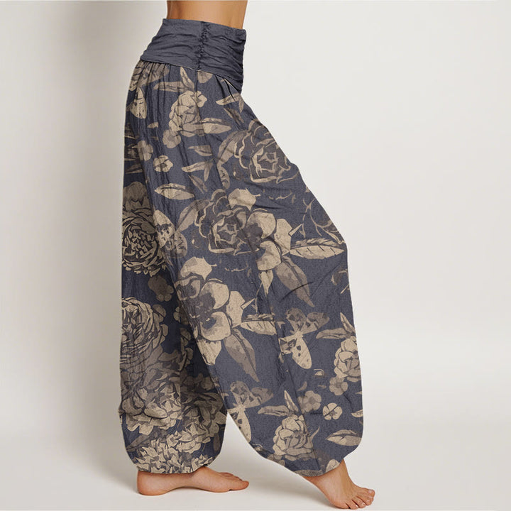 Buddha Stones Lässige Haremshose mit Pfingstrosenblüten und Blättern für Damen, elastische Taille - image 2