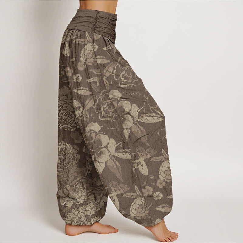 Buddha Stones Lässige Haremshose mit Pfingstrosenblüten und Blättern für Damen, elastische Taille - image 6