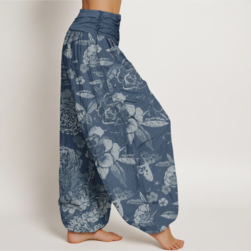 Buddha Stones Lässige Haremshose mit Pfingstrosenblüten und Blättern für Damen, elastische Taille - image 9