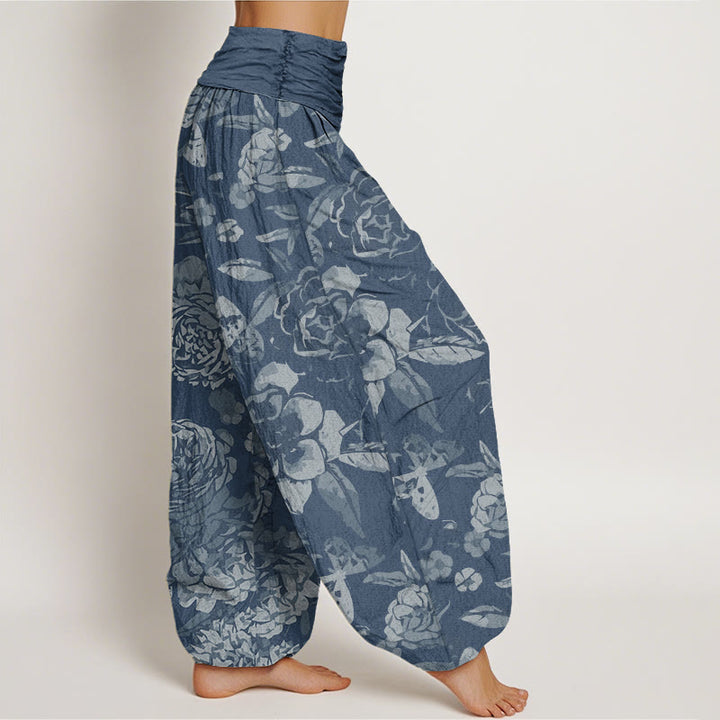 Buddha Stones Lässige Haremshose mit Pfingstrosenblüten und Blättern für Damen, elastische Taille - image 9