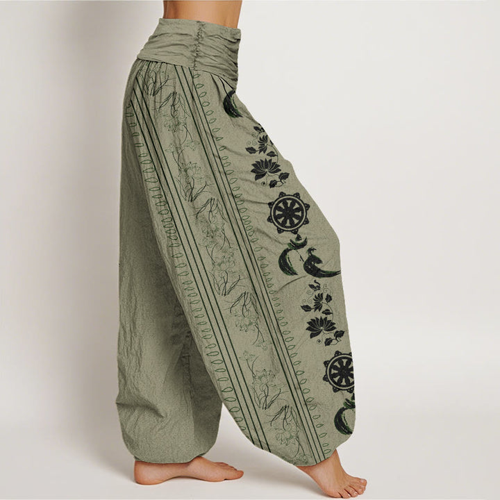 Haremshose mit elastischer Taille und Buddha Stones, Dharma-Rad, Lotus, OM-Muster für Damen - image 6