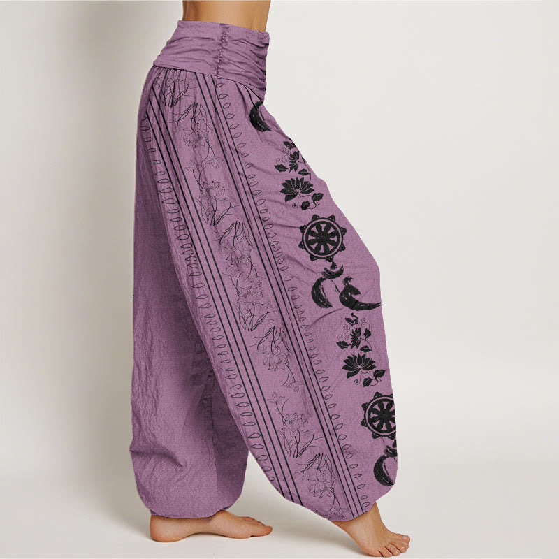 Baumwoll-Haremshose mit Buddha Stones , Dharma-Rad- und Lotus-OM-Muster sowie elastischem Bund - image 6