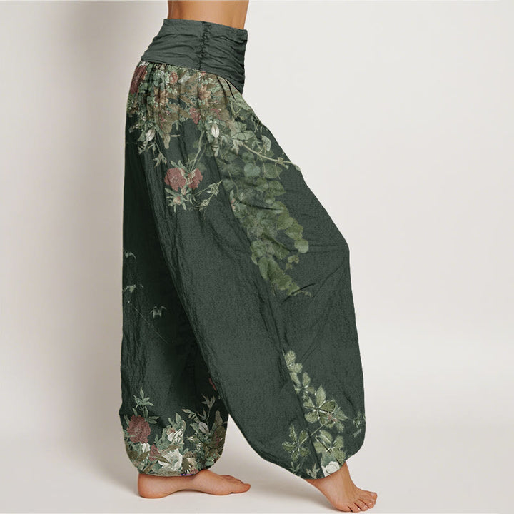 Buddha Stones Lässige Haremshose für Damen mit elastischer Taille und rotem Pfingstrosen-Blumenranken-Design