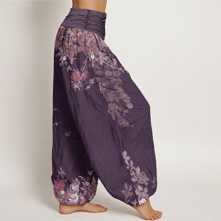 Buddha Stones Lässige Haremshose für Damen mit elastischer Taille und rotem Pfingstrosen-Blumenranken-Design