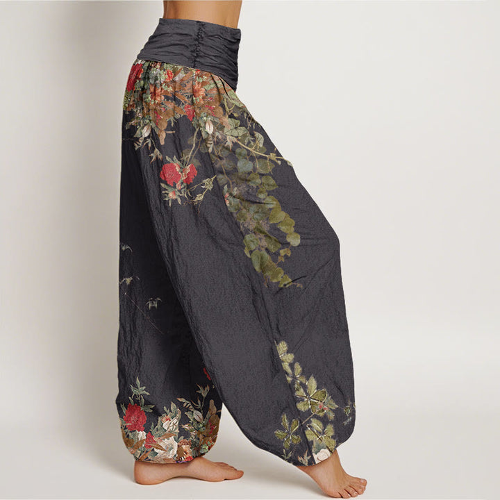Buddha Stones Lässige Haremshose für Damen mit elastischer Taille und rotem Pfingstrosen-Blumenranken-Design