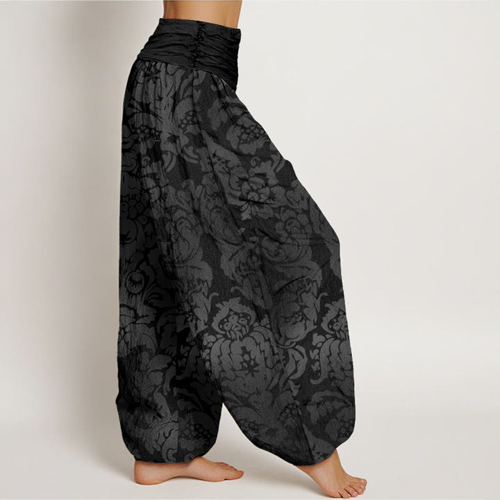 Lässige Haremshose mit Blumen- und Blätter-Design für Damen mit elastischer Taille und Buddha Stones
