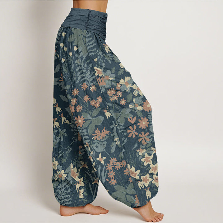 Lässige Haremshose mit Gänseblümchen-Blumen-Blätter-Design für Damen mit elastischer Taille und Buddha Stones - image 2