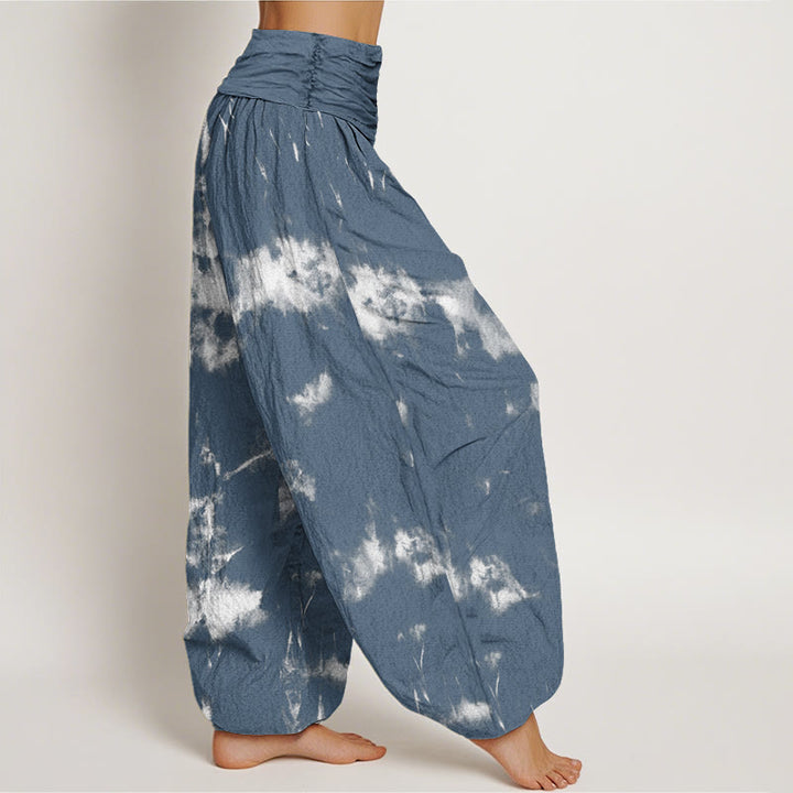 Haremshose mit elastischem Bund für Damen mit Buddha Stones, weißen Linien und Punkten, Batikmuster