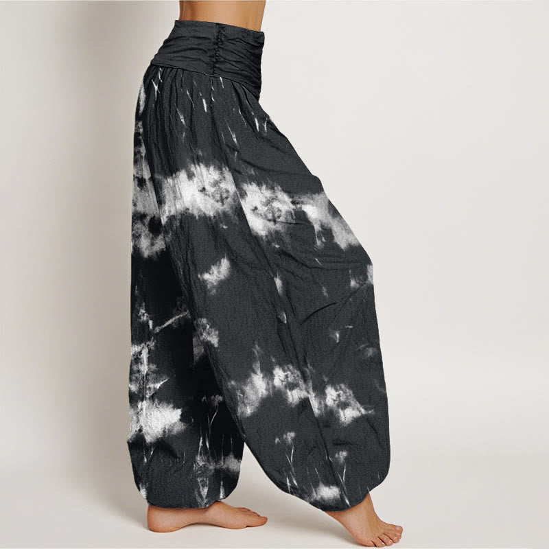 Haremshose mit elastischem Bund für Damen mit Buddha Stones, weißen Linien und Punkten, Batikmuster