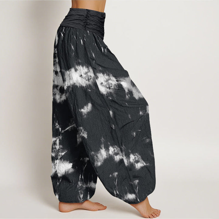Haremshose mit elastischem Bund für Damen mit Buddha Stones, weißen Linien und Punkten, Batikmuster