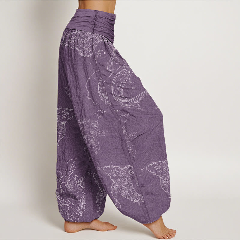 Buddha Stones Koi Fisch Blumenmuster Damen Haremshose mit elastischer Taille - image 6