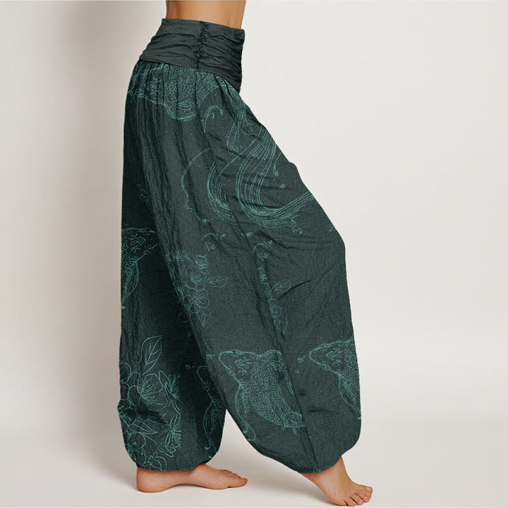 Damen-Haremshose aus Baumwolle mit Buddha Stones , Koi-Fisch- und Blumenmuster sowie elastischem Bund - image 6