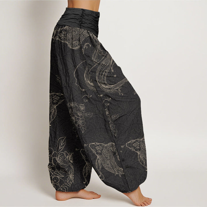 Buddha Stones Koi Fisch Blumenmuster Damen Haremshose mit elastischer Taille - image 2