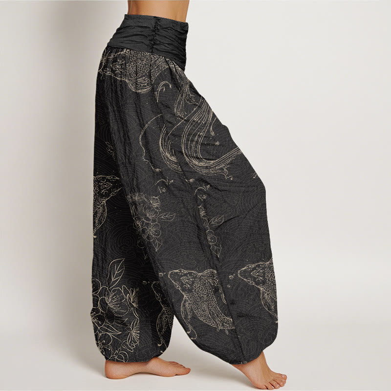 Damen-Haremshose aus Baumwolle mit Buddha Stones , Koi-Fisch- und Blumenmuster sowie elastischem Bund - image 1