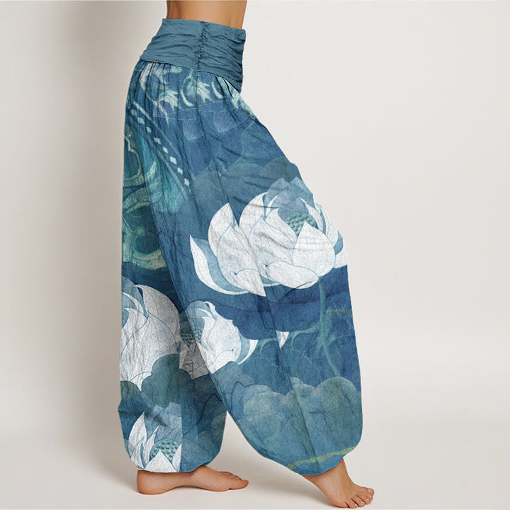 Buddha Stones, weiße Lotusblätter-Muster, lässige Haremshose für Damen mit elastischer Taille - image 6