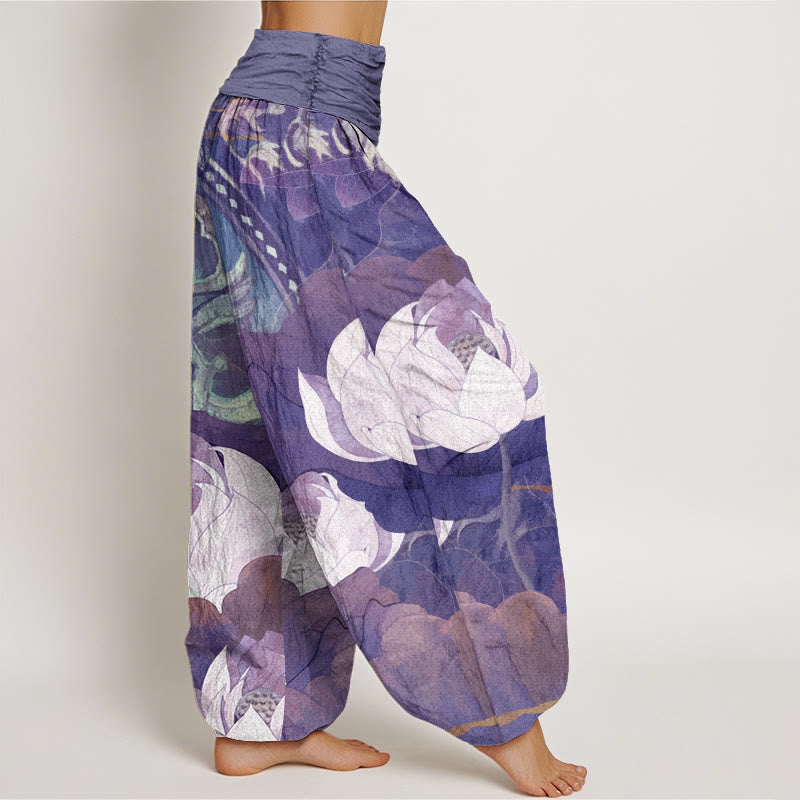 Buddha Stones, weiße Lotusblätter-Muster, lässige Haremshose für Damen mit elastischer Taille - image 9
